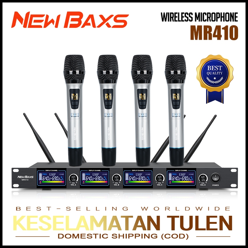 NEW BAXS ไมโครโฟนไร้สาย ชุด MR410 UHF ตัดเสียงรบกวน ไมค์ 4 สายรับสัญญาณ การส่งสัญญาณ 150M คาราโอเกะ KTV งานแต่งงาน สาย