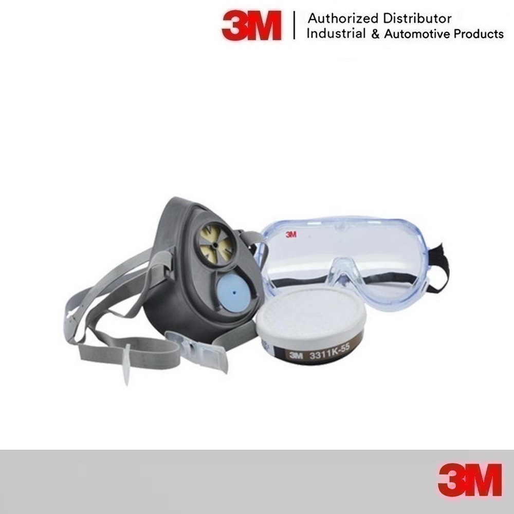3M หน้ากากรองเดี่ยว 3200-55 พร้อมตลับกรอง 3311K-55 และ แว่นกันสารเคมี 1621 Chemical Splash Goggle 3M Set ชุดพ่นยาฆ่าแมลง