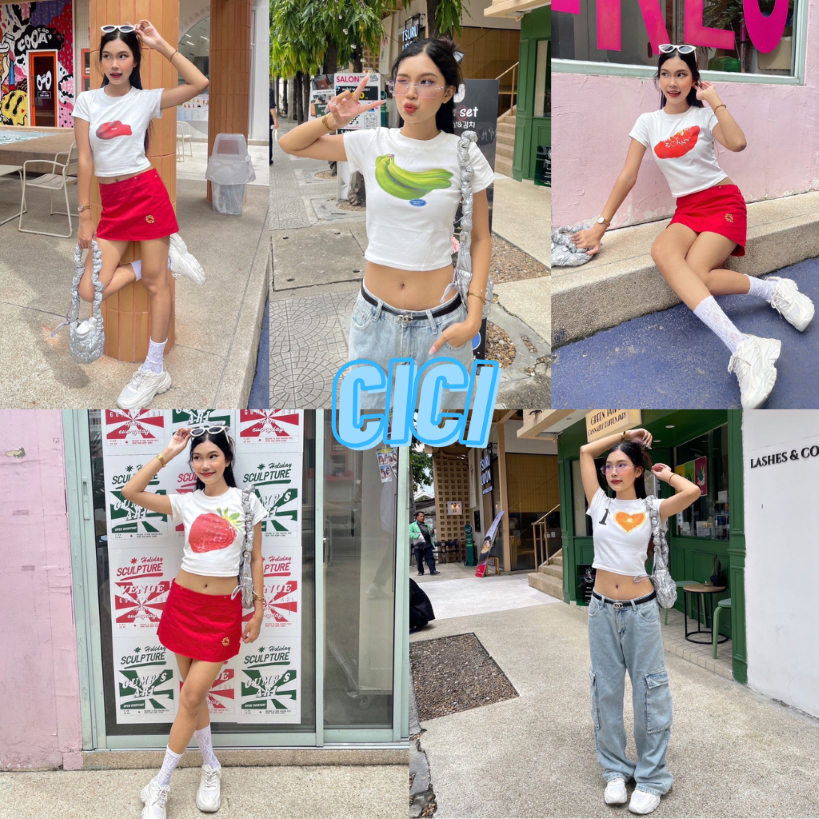 Cici(NO.NEW1332) เสื้อครอปผ้าเรยอน สกรีนลายผลไม้ ทรงสวย สไตล์สาวเกาหลี