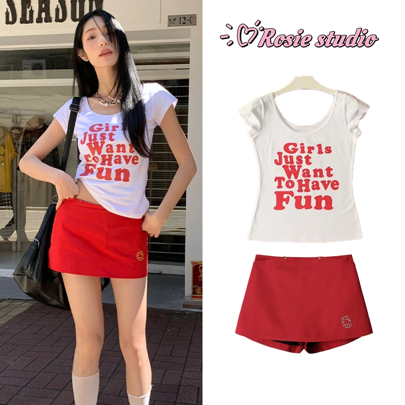 Rosieพร้อมส่ง🍒ฃเสื้อครอปสีขาว Y2Kเสื้อยืดแฟชั่นผู้หญิง เสื้อรัดรูป พิมพ์ตัวอักษร แขนสั้นคอกลมสไตล์เกาหลี สาวอ้วนใส่ได้