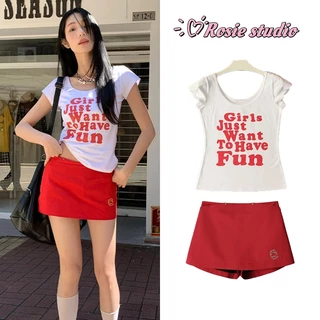 Rosieพร้อมส่ง🍒ฃเสื้อครอปสีขาว Y2Kเสื้อยืดแฟชั่นผู้หญิง เสื้อรัดรูป พิมพ์ตัวอักษร แขนสั้นคอกลมสไตล์เกาหลี สาวอ้วนใส่ได้