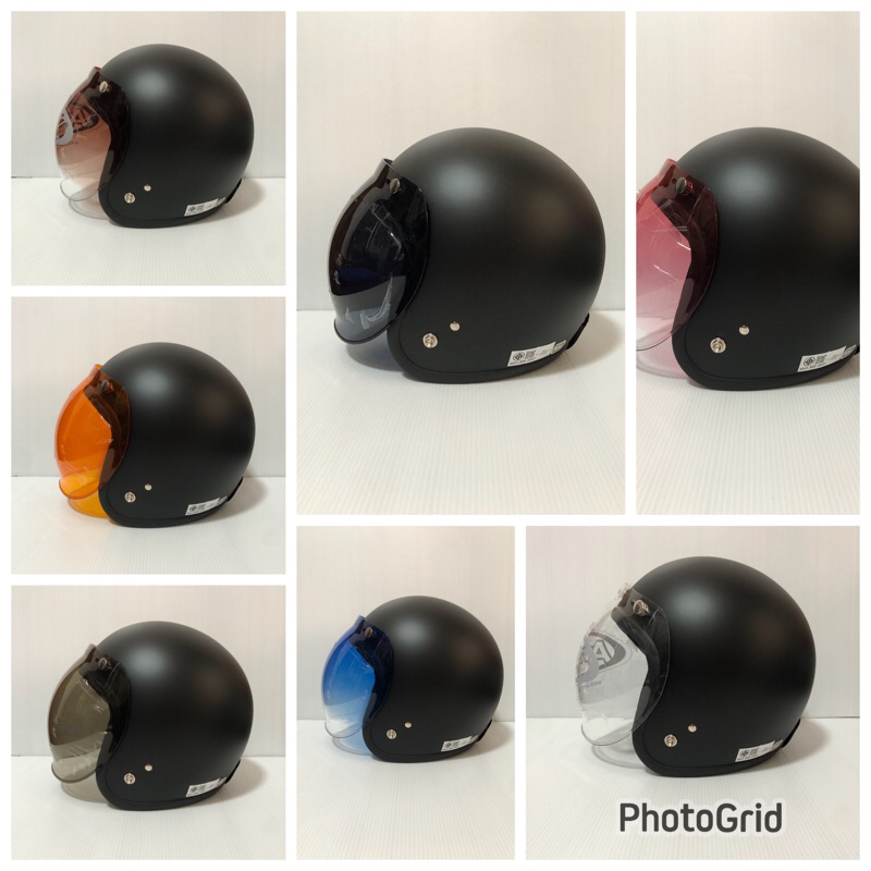 หมวกกันน็อคแนววินเทจ สีดำด้าน (ผ้าดำขอบยางดำ) พร้อมชิว bubble หลายสีให้เลือก