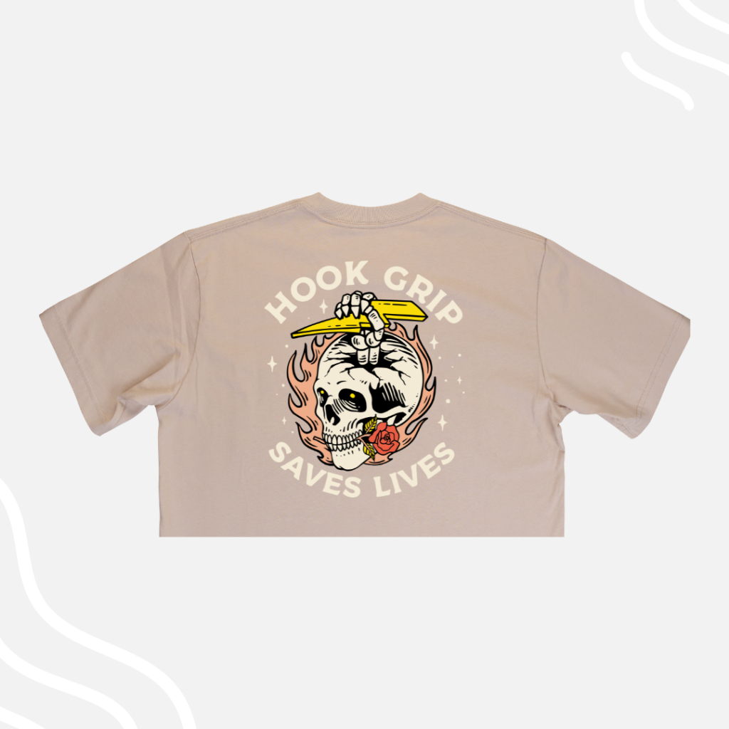 Crop Top - Hook Grips Save Lives (Beige) - Premium Cotton Spandex 🏋🏽‍♀️⚡️