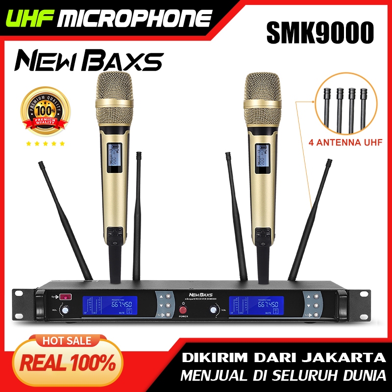NEW BAXS SKM9000 ไมโครโฟนไร้สายแบบหนึ่งสำหรับสอง ไมโครโฟนแบบใช้มือถือ 2 ตัว ความหลากหลายที่แท้จริง UHF เสาอากาศ 4 เสา