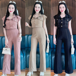 พร้อมส่ง ชุดเซตยาวผ้าวูลเวฟ เสื้อทรงครอปคอปกกระดุมหน้าแต่งกร…