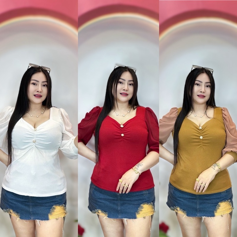 เสื้อสาวอวบ อก36-44 ยาว 24ผ้าร่อง**รุ่นย่นอกกระดุมแขนชีฟอง
