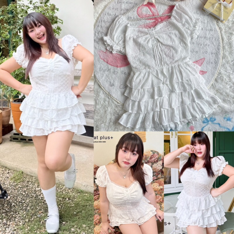 Baki Dress เดรสผ้าปักแต่งกระโปรงชั้นแขนตุ๊กตาสุดน่ารักสาวอวบไซส์ใหญ่ (มีไซส์L-Xl)