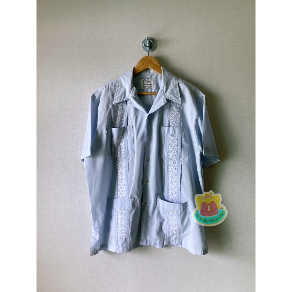 (เสื้อผ้ามือ 2 โกดังญี่ปุ่น) Guyabera by haband Shirt 4 Pocket VTG 80s สีฟ้าอ่อน สภาพ 8.5/10