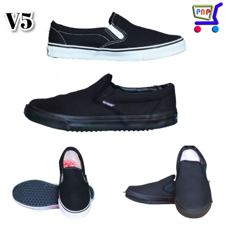 รองเท้า  ผ้าใบ V5 มาแชร์ แบบสวม ทรง สลิปออน slip on แวน สีดำล้วน สีดำ มี เก็บปลายทาง 38-44