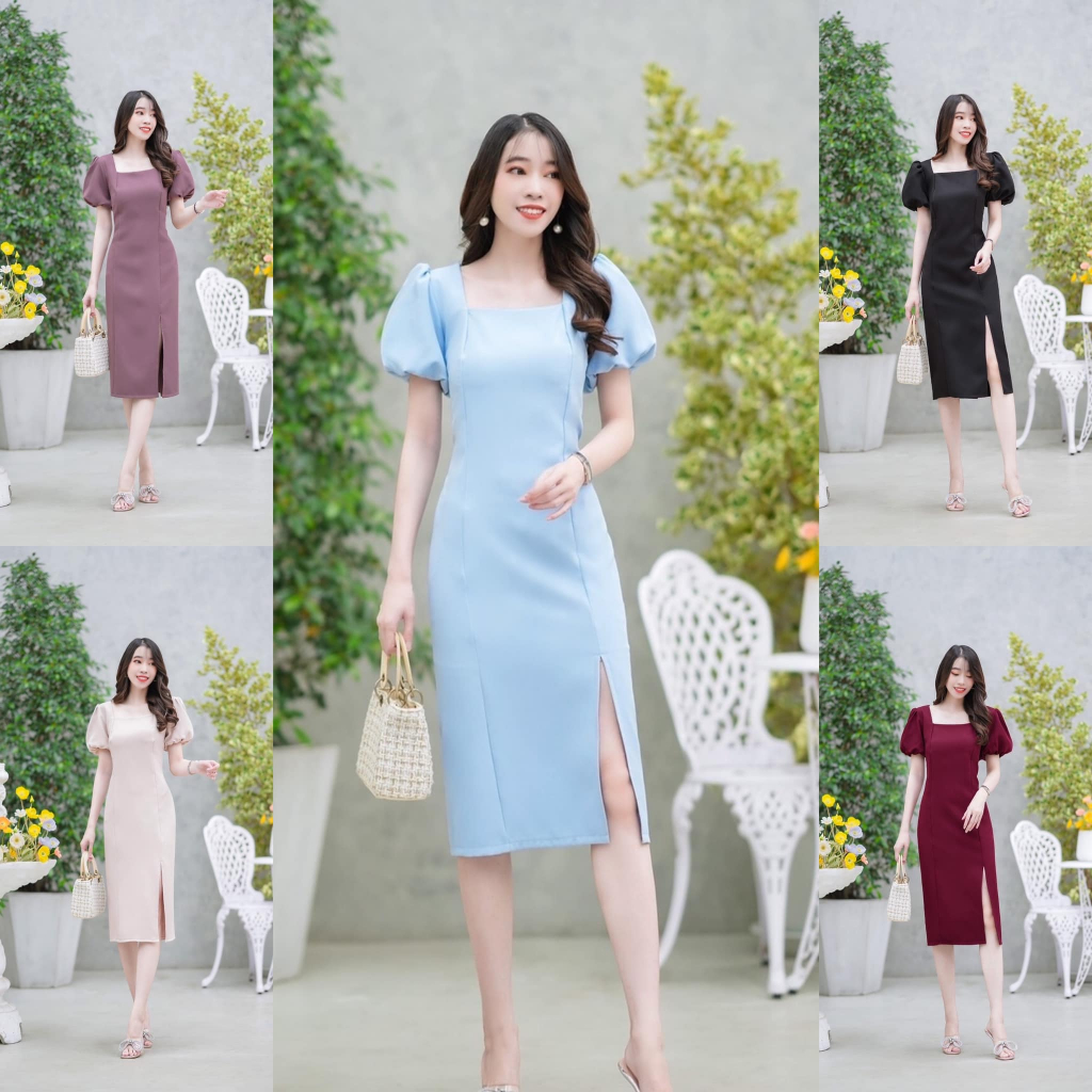 เดรสแขนตุ๊กตา ใส่ออกงานได้ เดรสใส่ทำงาน ชุดทำงาน ผู้หญิง แต่งแขนตุ๊กตา ทรงหรู ใส่ได้หลายโอกาส เดรสสีฟ้า วันแม่ เดรสสีดำ