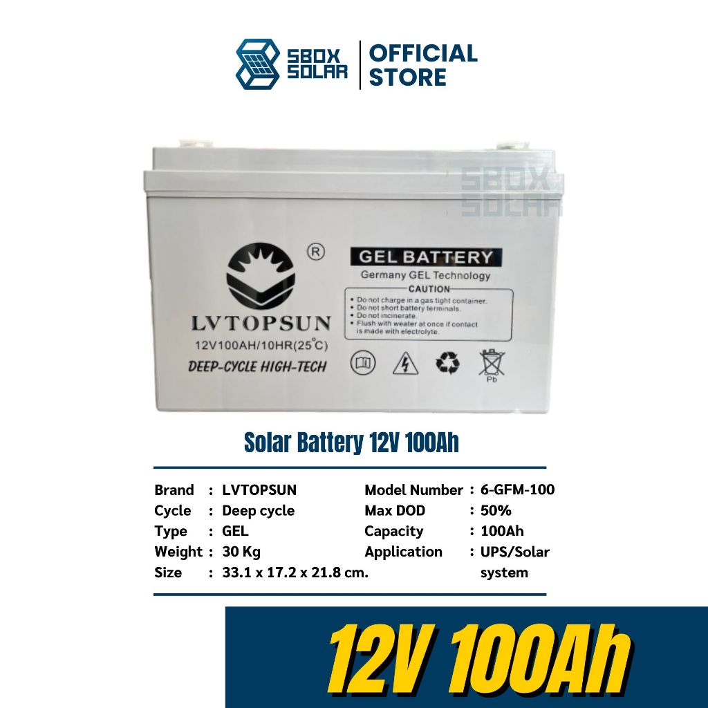 แบตเตอรี่โซล่าเซลล์ 100Ah 12v LVTOPSUN แบตเตอรี่ดีพไซเคิล แบตเจล Deep cycle Gel Battery รับประกันศูนย์ไทย