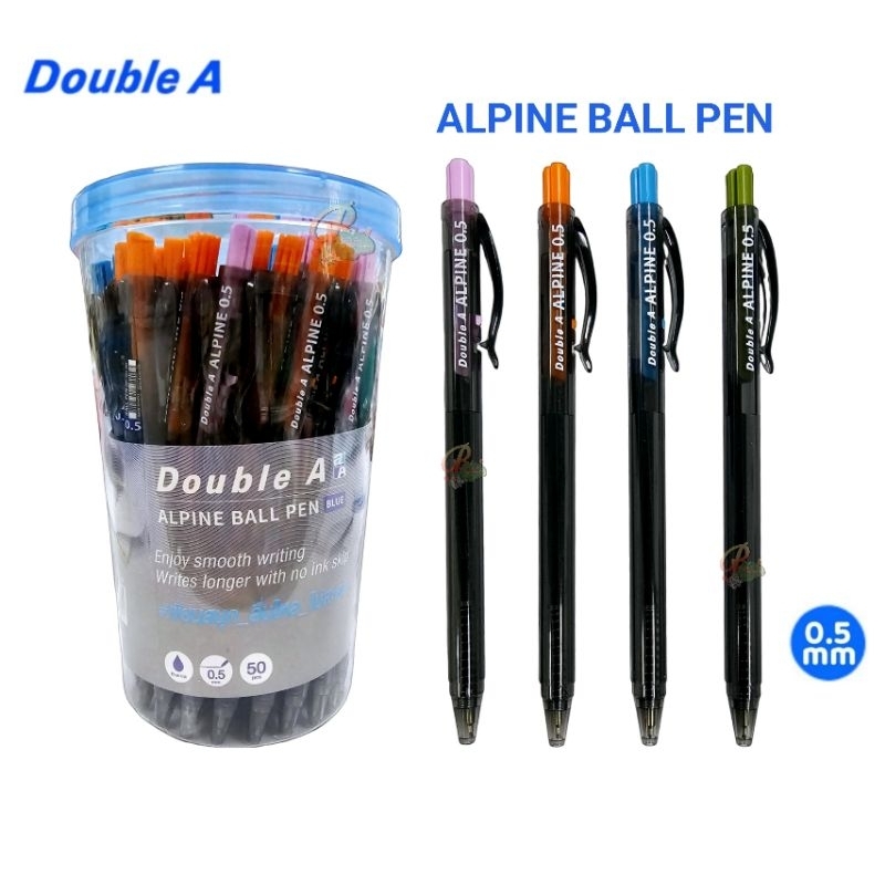 Double A ปากกาลูกลื่น แบบกด Alpine Ball Pen ขนาด 0.5 มม. หมึกสีน้ำเงิน ยกกระปุก 50 ด้าม