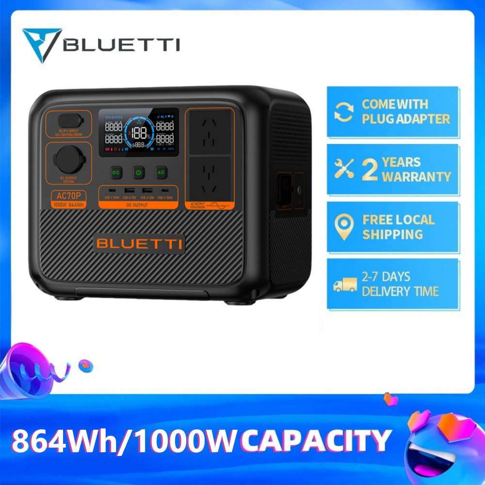 [Bluetti AC70/AC70P] Power Station แบตเตอรี่สำรองไฟ 864Wh/1000W 1.5ชม.ชาร์จเเต็มจาก0-100%  ประกัน5ปี