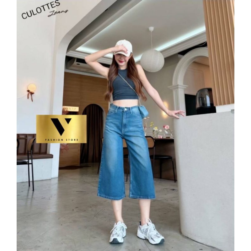 👑V-JEANS👑 ยีนส์ทรงคูลอต 7 ส่วน กางเกงยีนส์เอวสูง ยีนส์ฟอกผ้านิ่มใส่สบาย เอวสูงช่วยเก็บพุง พรางสะโพก