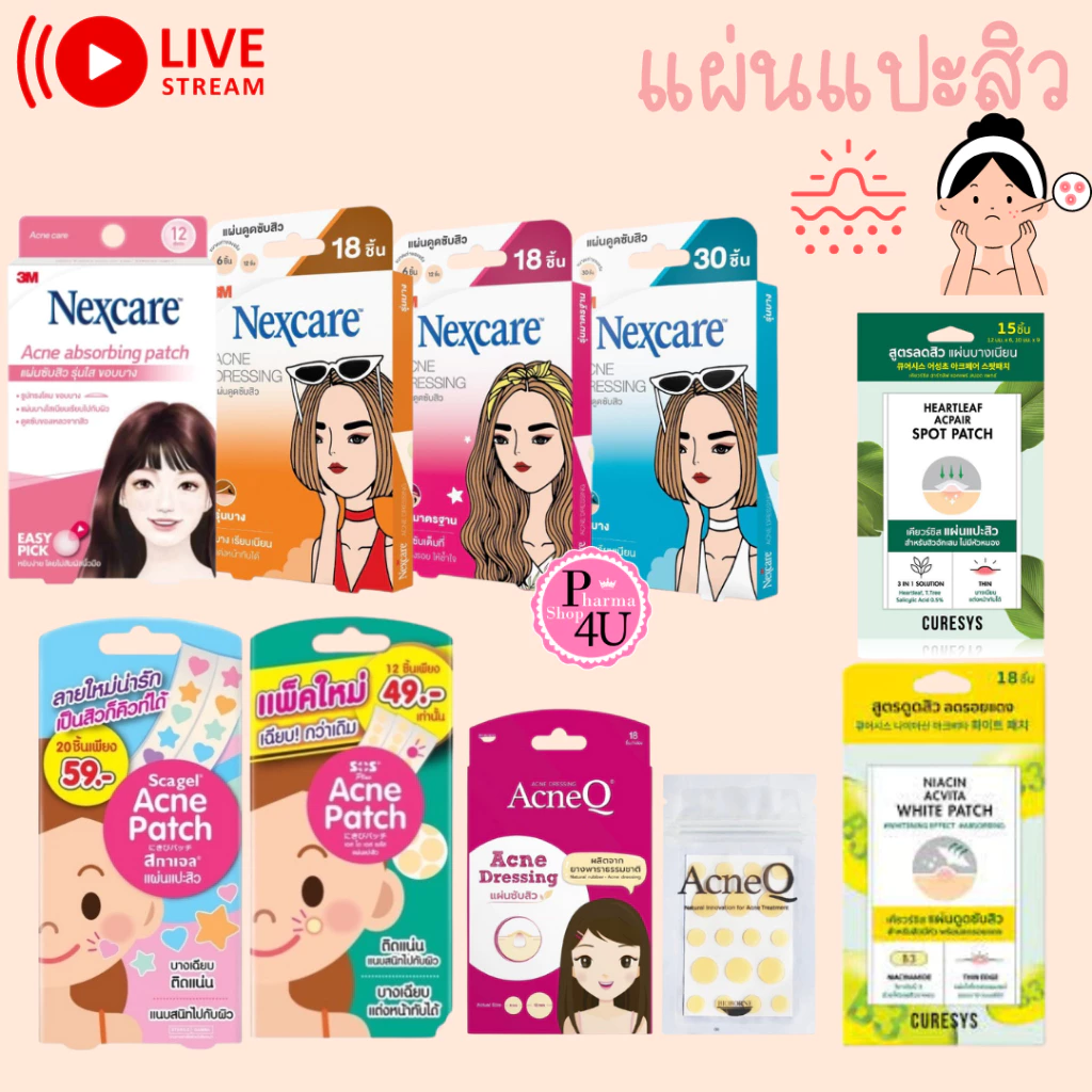 แผ่นแปะสิว ซับสิว 3M Nexcare แผ่นซับสิว ชมพู ฟ้า ส้ม ใสขอบบาง ACNEQ SOS แปะสิว/CURESYSเคียวร์ซิส