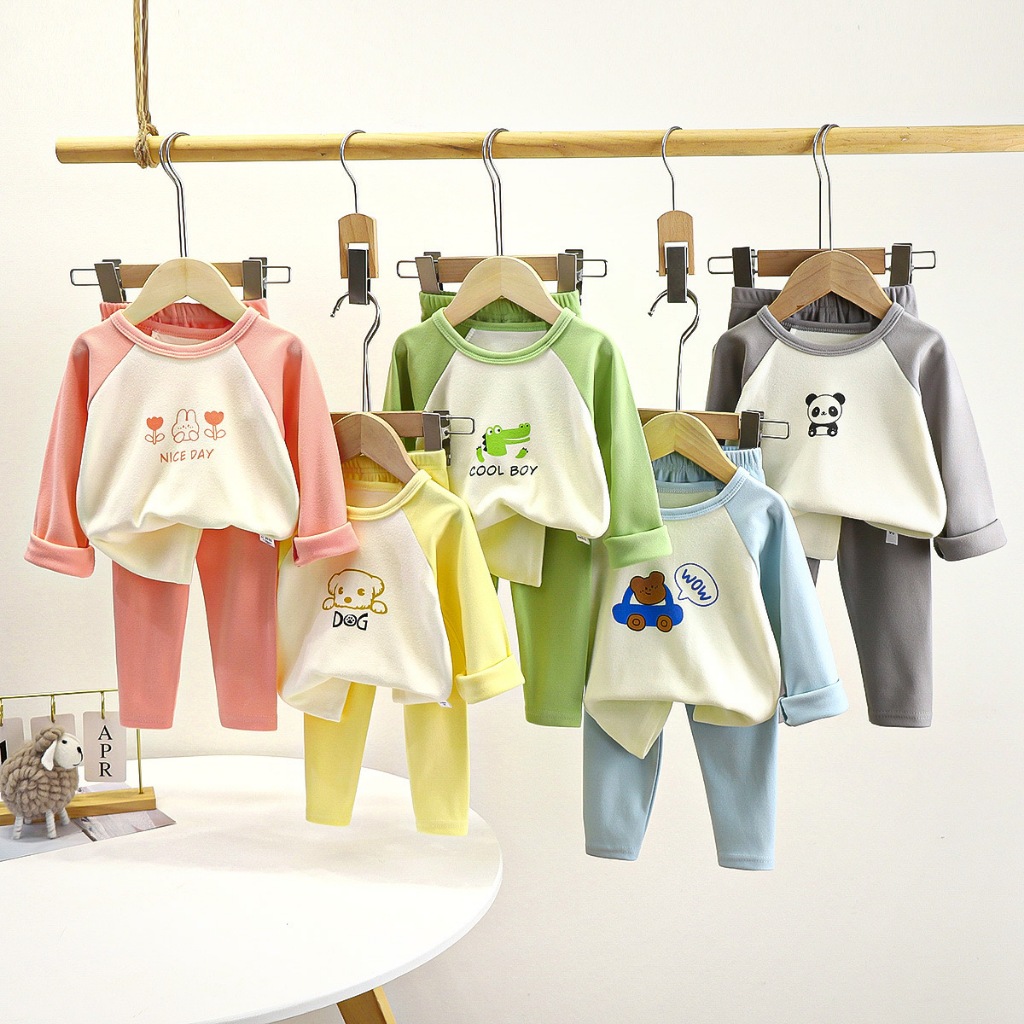 พร้อมส่ง ชุดนอนเด็กผ้ากำมะหยี่ ชุดนอนเด็กแขนยาว เซ็ต 2 ชิ้น เสื้อ+กางเกงขา 5 ส่วน