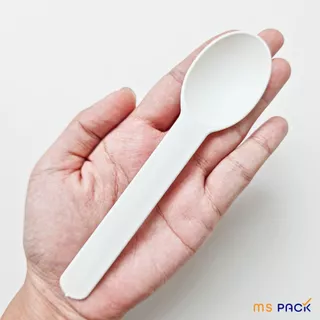 (SPLA01-WHT) ช้อนขนมหวานพลาสติก สีขาว ช้อนย่อยสลาย พลาสติกชีวภาพ ขนาด 15.5 ซม. กว้าง 3.5 ซม.