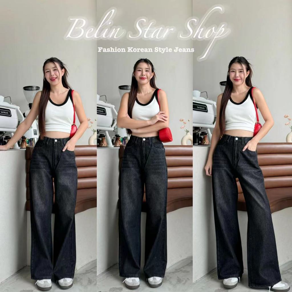 กางเกงยีนส์ทรงกระบอกสีดำฟอก ปลายขาบาน วินเทจ ทรงสวย สาวอวบ (A63สีดำ) Jean ผู้หญิง Clothing Women เสื้อผ้า Lady
