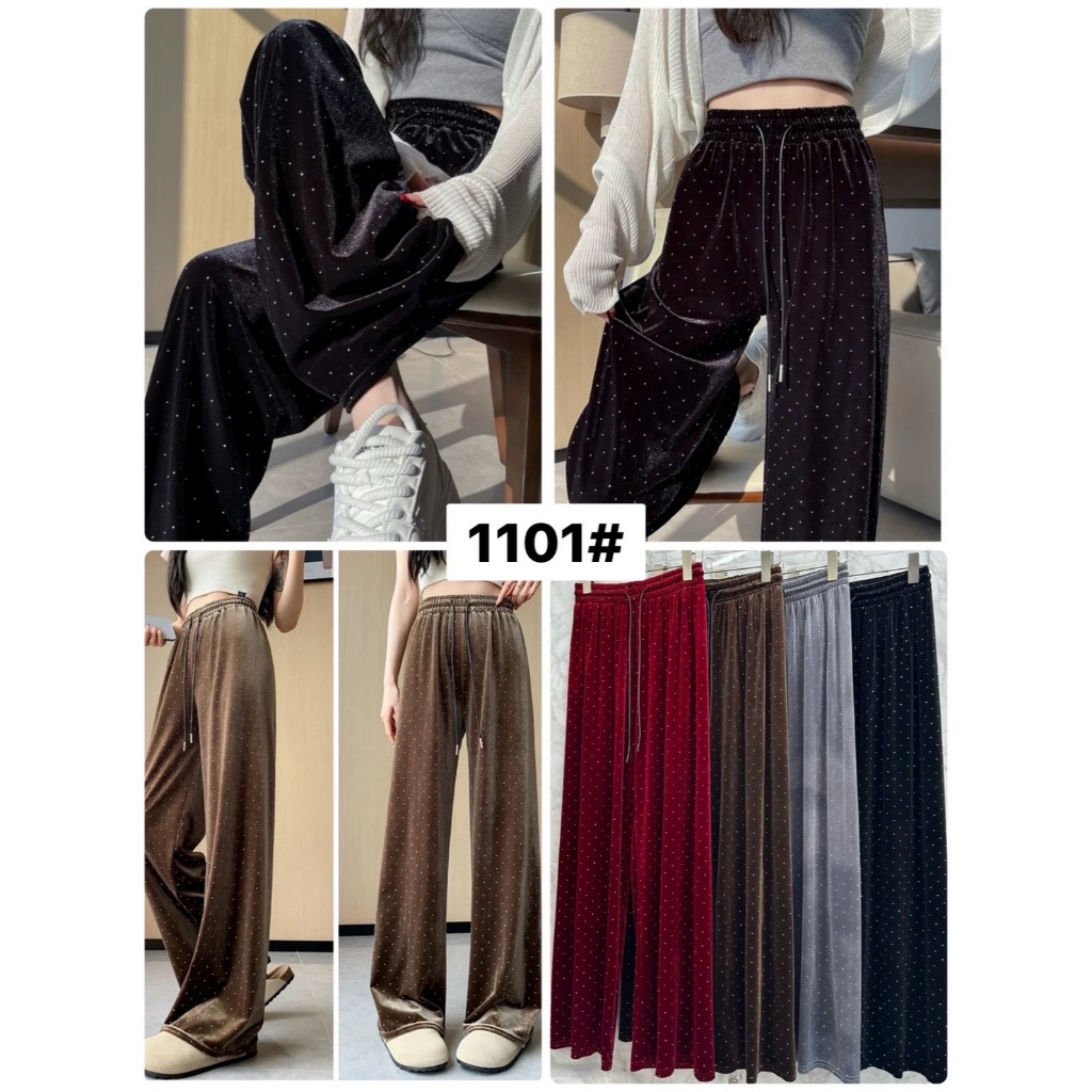 กางเกงกำมะหยี่ขายาว รีดเพชรเม็ดเงิน ในเนื้อผ้าลายต่างๆ #1101 #2672 #1139