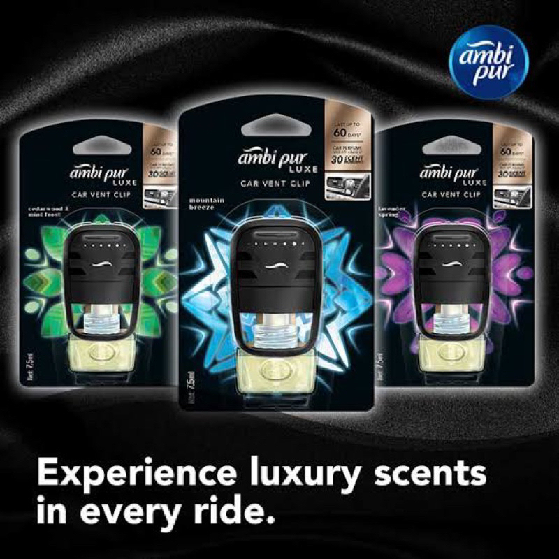 ทุกกลิ่น Ambi pur luxe car vent clip 7.5ml. น้ำหอมปรับอากาศในรถยนต์ กลิ่นลาเวนเดอร์สปริง/ วานิลลา/ เมาเทนบรีซ/ แพชั่นฟรุ