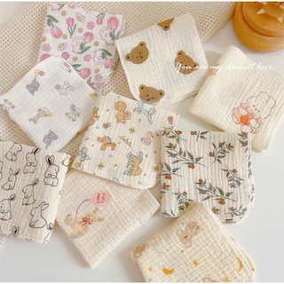 ผ้าเช็ดหน้า ผ้าซับน้ำลาย ผ้ามัสลินทอย่น2ชั้น25x25cm