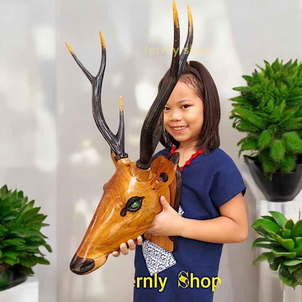 หัวกวางแกะสลัก หัวกวางไม้สัก แขวนผนังตกแต่งบ้านที่ทำงานร้านค้า งาน handmade