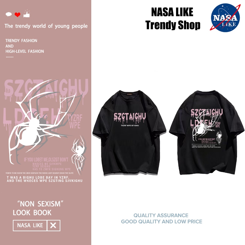 NASA LIKE จัดส่งตลอด 24 ชั่วโมง ไตล์อเมริกันวินเทจถนนแมงมุมผ้าฝ้ายแขนสั้นเสื้อยืดฤดูร้อนหลวมพอดีกับแบรนด์