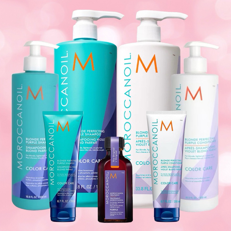 MOROCCANOIL BLOND PERFECTING PURPLE 200 500 1000 ML.แชมพู ม่วง ครีมนวดม่วง ลดส้ม เหลือง ในเส้นผม ให้สีเทาหม่นอยู่นานขึ้น