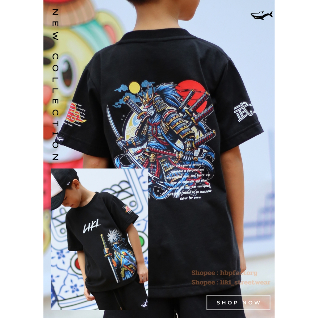 เสื้อยืดเด็ก รุ่น LIKI X SAMURAI นำความเท่ห์และความกล้าหาญของซามูไรผู้ปราบเหล่าร้ายมาอยู่บนตัวเสื้อ