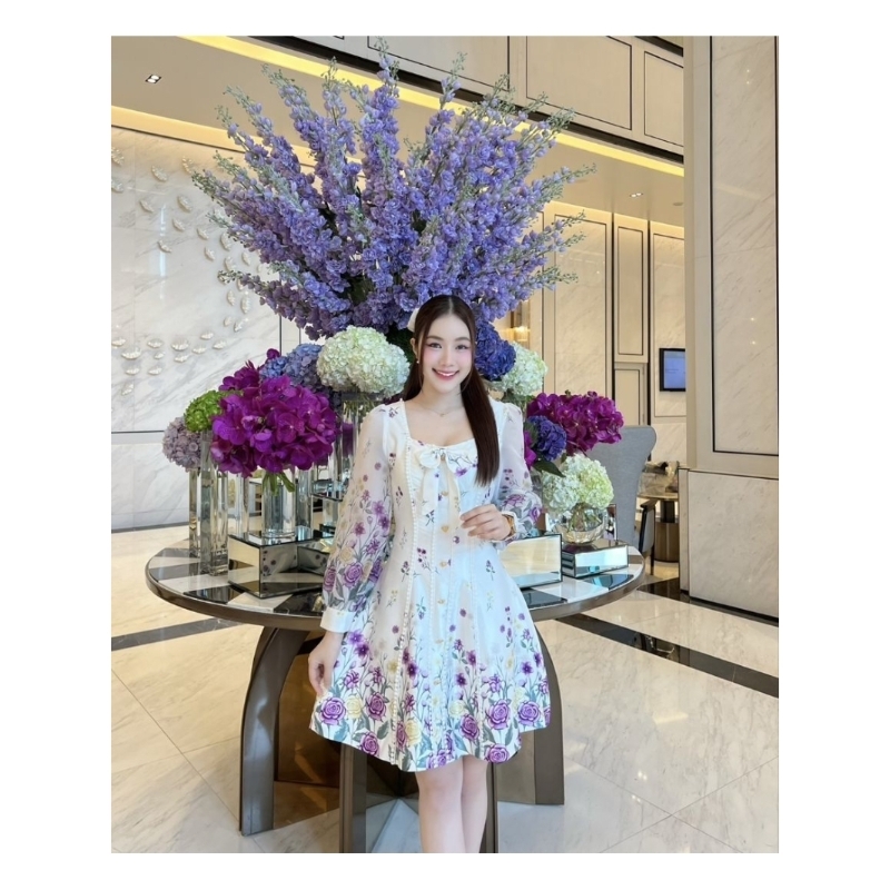 Crystals Band ชุดมินิเดรสแขนยาว ชุดเดรสลายดอก