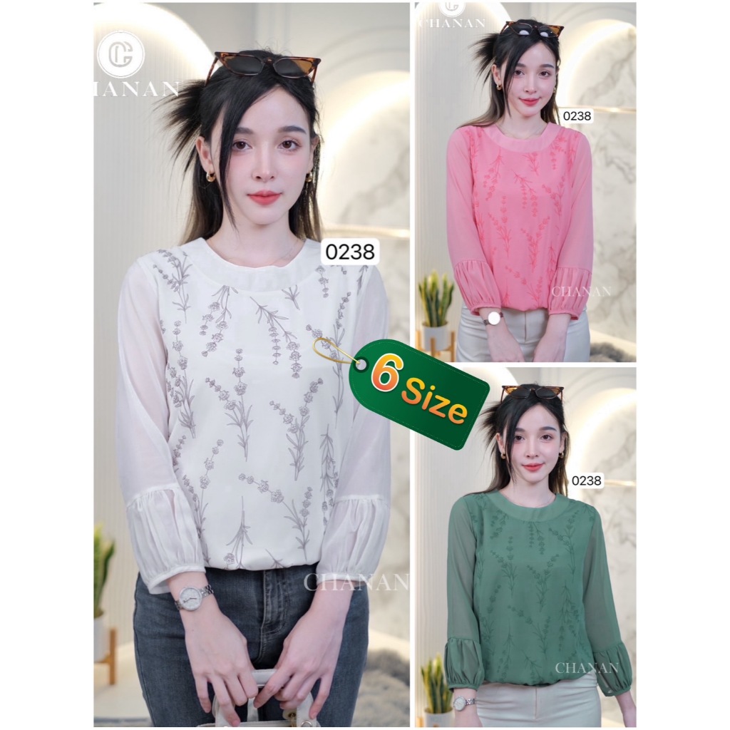 Chanan เสื้อชีฟองมีซับใน ลายดอกไม้ เอวจั้ม ผ้าใส่สบาย เสื้อคอกลม เสื้อใส่ออกงาน เสื้อทำงาน มี3สี รุ่น0238