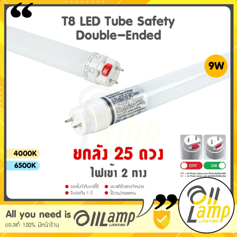 Philips (แพ็ค25หลอด) T8 นีออน LED 9w หลอดนีออน สั้น 600mm ไฟเข้าสองข้าง แอลอีดี Double-Ended