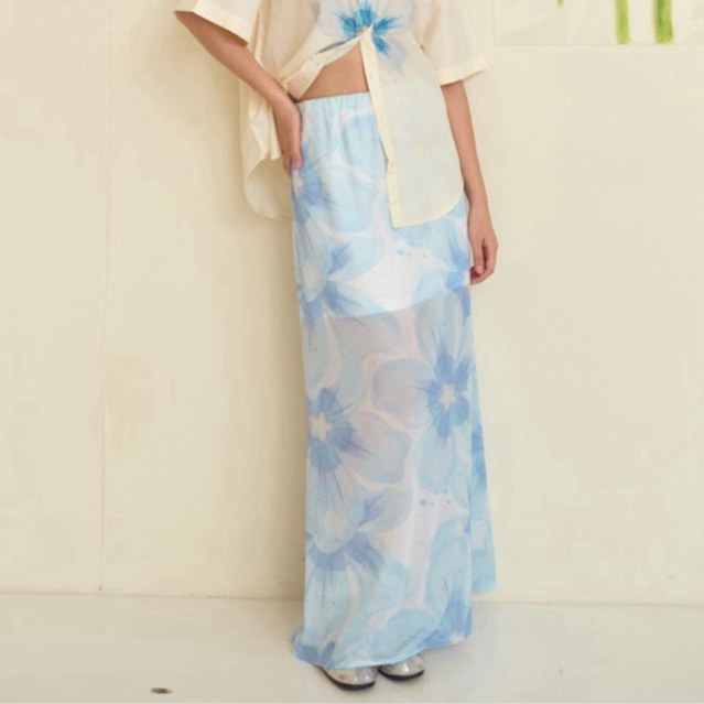 Aunchada-Guardin skirt กระโปรงยาวผ้าตาข่ายยืดพิมพ์ลาย เอวยางยืด *สีม่วงพรีออเดอร์10วัน*