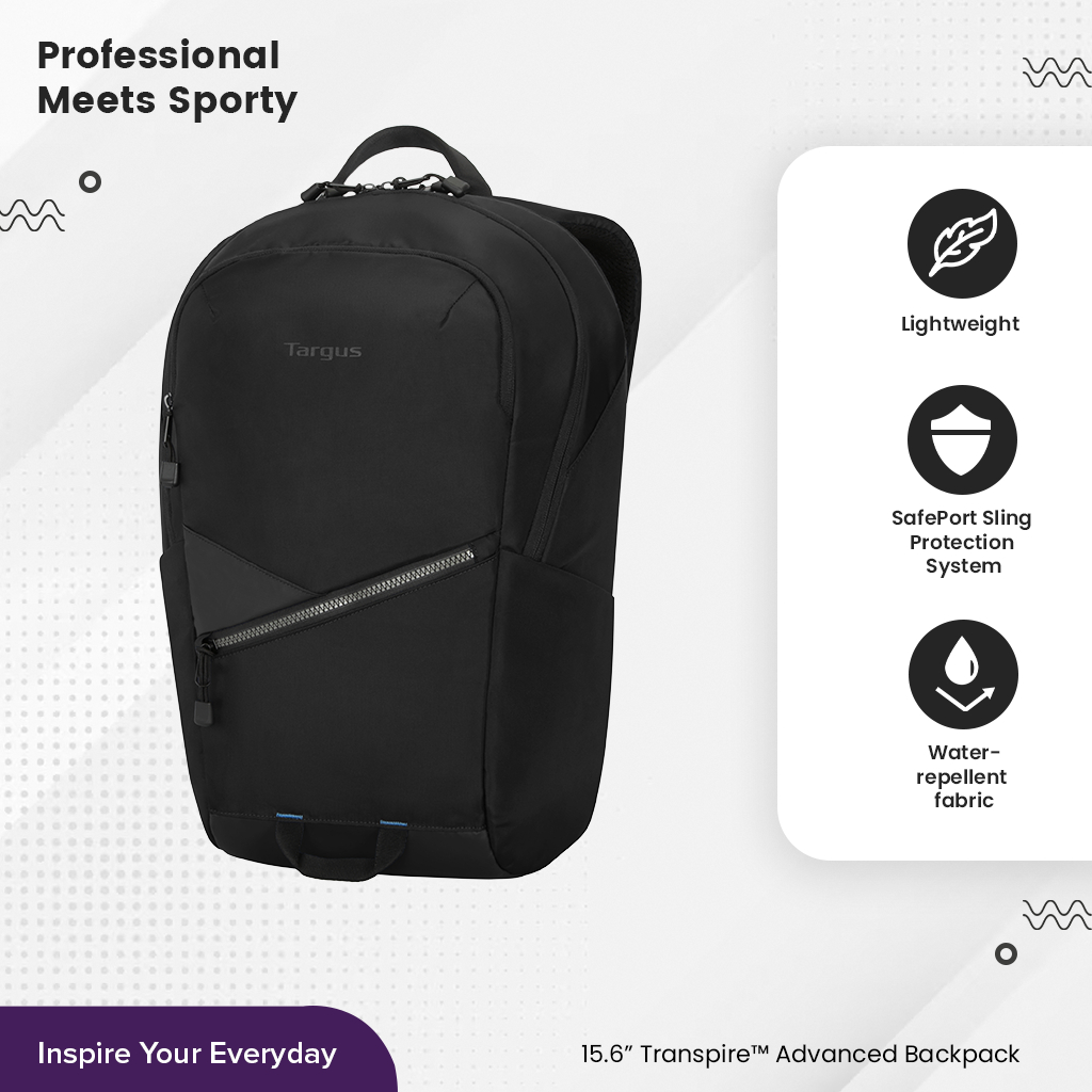 Targus Transpire Advanced Backpack (TBB633) กระเป๋าเป้สำหรับโน๊ตบุ๊ค 15.6" สไตล์สปอร์ต น้ำหนักเบา ใช้งานได้หลากหลาย