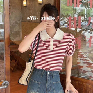 เสื้อครอปลายขวาง คอกปก ผ้ายืด งานป้ายพร้อมส่ง