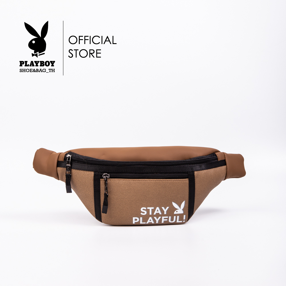 Playboy กระเป๋าคาดอกคาดเอวผู้ชาย ลิขสิทธิ์แท้ รุ่น ST-BS233PBM004-CR ดีไซน์คาดอกคาดเอวผ้าตัดต่อสกรีนขาว-สีน้ำตาล