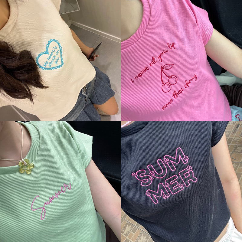 เสื้อยืดครอป เนื้อผ้าร่องปักลายอกยืดได้ถึง38นิ้ว