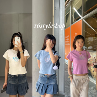 Baby Tee เสื้อครอปพอดีตัว ปักลาย ผ้าร่องผสมคอตตอน