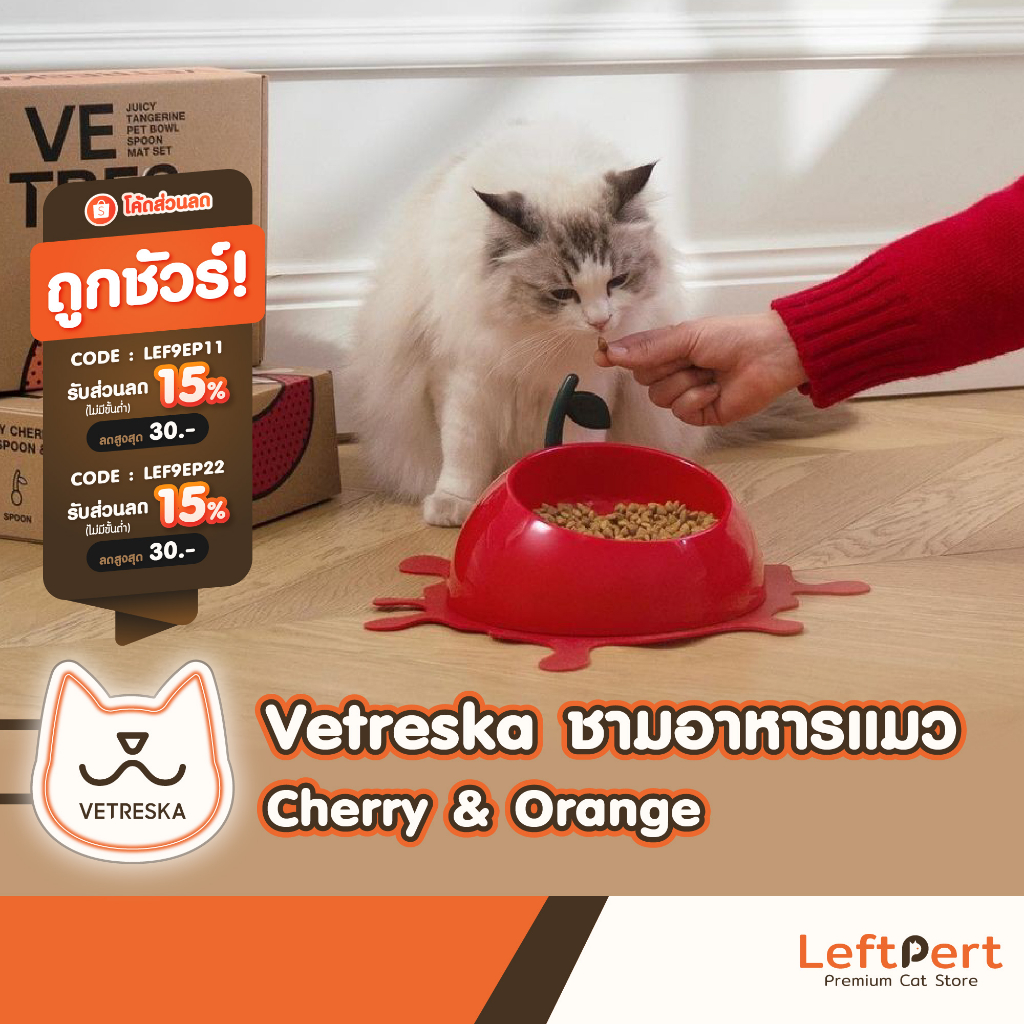 Vetreska Cherry & Orange ชามอาหารแมว พร้อมที่รองชาม