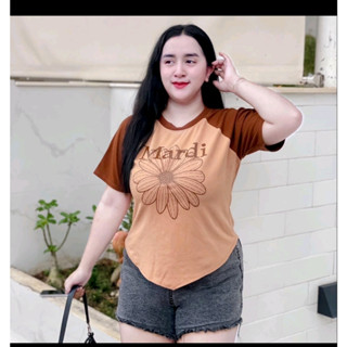 ย.35ใหม่เสื้อยืดสาวอวบผ้ายูนิโคล่ แขนทูโทนสกรีนฮิต อก40-50