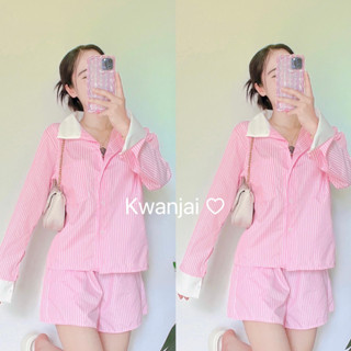 ชุดเซทเสื้อเชิ้ตแขนยาว + กางเกงขาสั้น ลายทาง