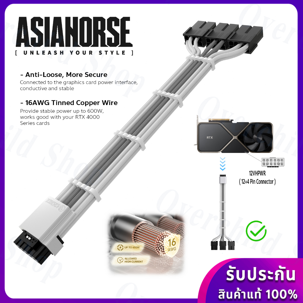 สายถักสีขาว "12VHPWR " คุณภาพสูง [รับประกัน 1ปี] AsiaHorse White 16AWG PCI-e 5.0 12VHPWR PSU Cable Extension Adapter