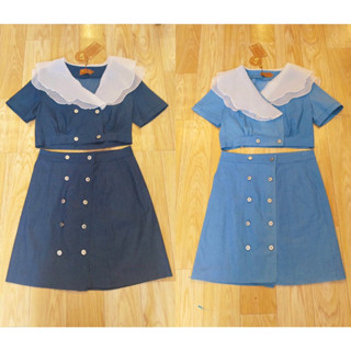 ❌พร้อมส่งS-4XL❌ป้าย NT Princess เซ็ท2ชิ้นยีนส์ มี2สี เสื้อคอปกระบาย2ชั้นพริ้วๆ+กระโปรงทรงเข้ารูปกระดุมหน้า สวยน่ารักมาก