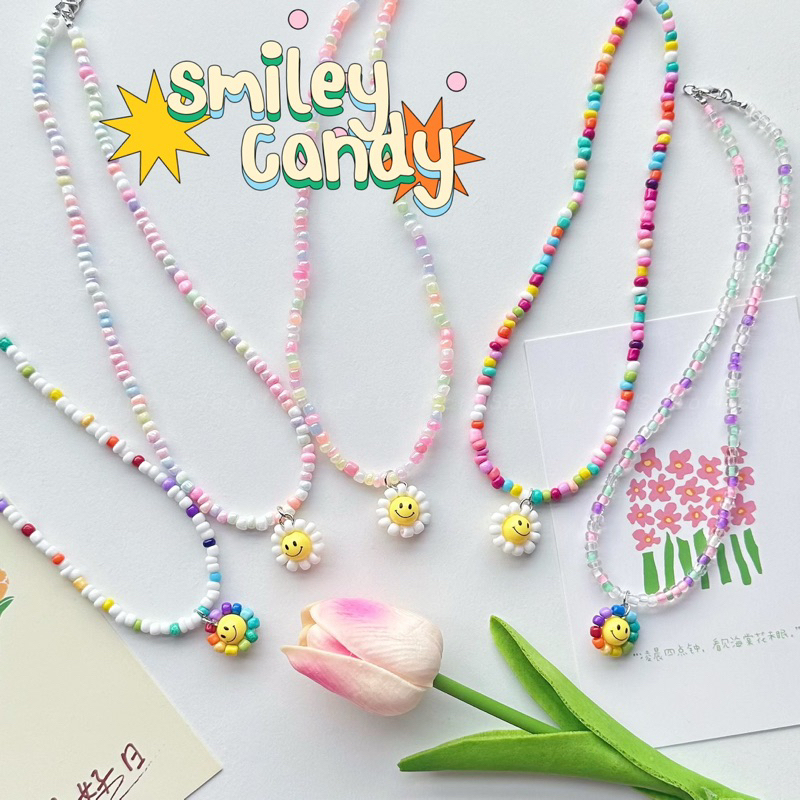 ꒰พร้อมส่ง꒱ Smile Bead Necklace  สร้อยคอลูกปัด สร้อยลูกปัดพาสเทลใส่ไปทะเล Handmade จี้เดซี่ยิ้ม มีแบบเยอะมาก