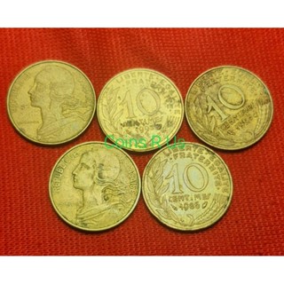 เหรียญต่างประเทศ ฝรั่งเศส ปี 1962 - 2001 ชนิด 10 centitimes ขนาด 20 มม.  เหลืองทองสวยงามผ่านใช้ตามภาพน่าสะสม