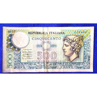 แบงก์​เก่า อิตาลี​ Italy, 500 Lire, (รุ่น​Mercury), ใช้แล้ว, B1043L