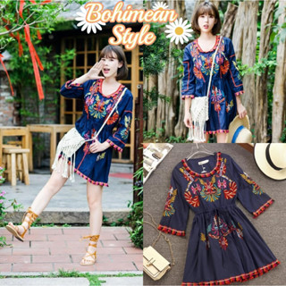 พร้อมส่งในไทย จากร้านไทย Mini Dress Bohemian ชุดเดรสสั้นปักลายโบฮีเมียน มินิเดรสโบโฮ ชุดใส่เที่ยวทะเล