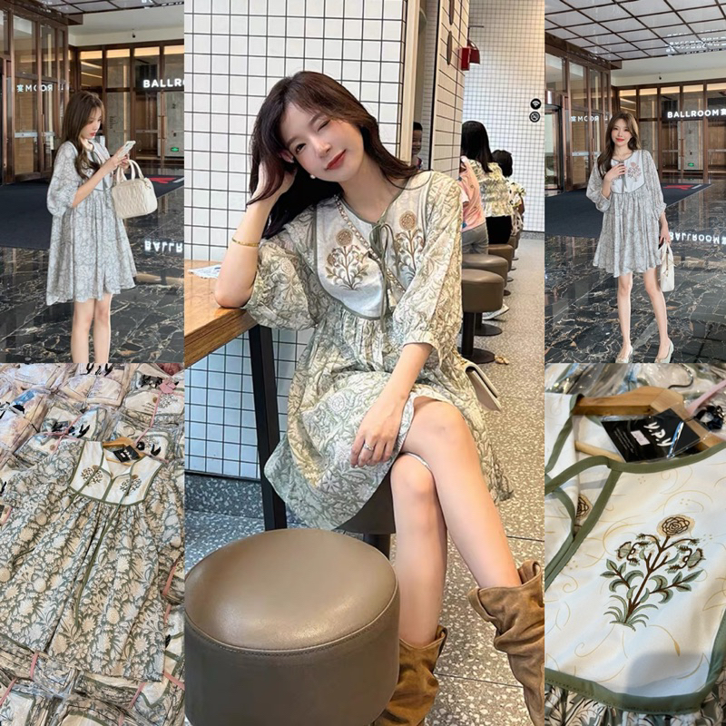 เดรสลายดอกงานปักดอกไม้ ป้ายypy greyish green embroidery