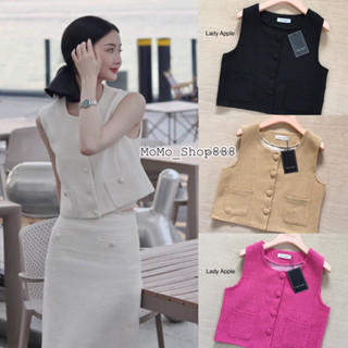 🎀พร้อมส่ง🎀เสื้อทวีตทรงแขนกุดมีกระเป๋าคู่ด้านหน้าใช้กระดุมปั๊มสีเดียวกับตัวเสื้อ เสื้อกั๊กทวีตคอกลม