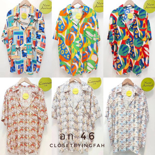 cotton rayon shirt เสื้อเชิ้ตคอปก แขนสั้น ผู้ชาย ผู้หญิงใส่ได้ ลายกราฟฟิก